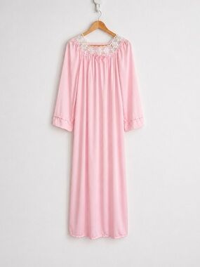 Vintage 1960s Baby Pink Lace Bow Maxi Nightgown Slip Dress Coquette Twee S
